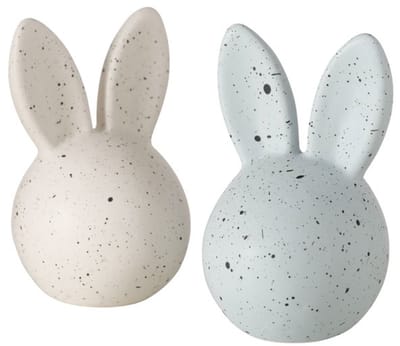 Boltze - Set van 2 - Beeldjes - Paashaas - Hoofdjes - Pasen - Keramiek - Creme en lichtblauw - 4x5x7.70cm