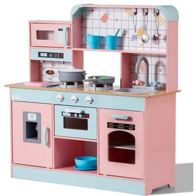VEVOR Speelkeuken voor kinderen, houten speelgoedkeukenset met licht en geluid, peuterkeuken met ijsmachine, oven, gootsteen, magnetron, koelkast en keukengerei en fruitaccessoires voor peuters van 3 tot 8 jaar, roze
