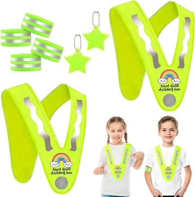 Veiligheidshesjes Set voor Kinderen: 2 V-vormige Hesjes met Regenboogpatroon, 4 Reflectorbanden en 2 Sterhangers voor Fietsen, School en Kamperen