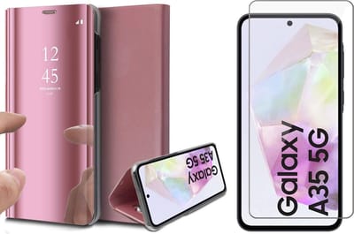 Hoesje geschikt voor Samsung Galaxy A35 - Screenprotector Glas - Spiegel Book Case Rosegoud