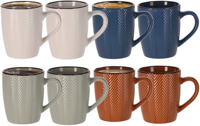 Siaki koffiemok/theemok Fishbone - 8x stuks - met oor - 370 ml - keramiek