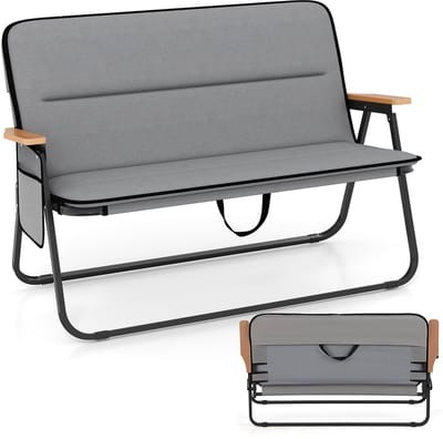 COSTWAY Campingstoel voor 2 personen, klapstoel met afneembaar kussen, zijzak en armleuningen, 300 kg draagvermogen, inklapbare campingbank, vouwbank voor buiten, tuin, camping, grijs