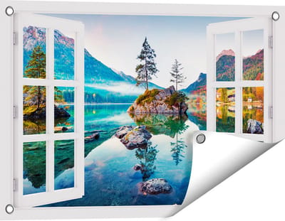 Gards Tuinposter Doorkijk Meer in de Bergen tijdens de Herfst - 60x40 cm - Tuindoek - Tuindecoratie - Wanddecoratie buiten - Tuinschilderij