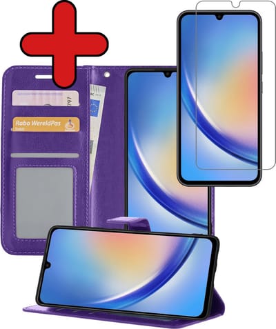 Hoesje - Met Screenprotector - Geschikt voor Samsung Galaxy A34 - Luxe Pasjeshouder - Flipcase - Bookcase Portemonee - Flip Case - Kunstleer Book Case - Book Cover - Walletcase - Portemonneehoes - Telefoonhoes - Paars