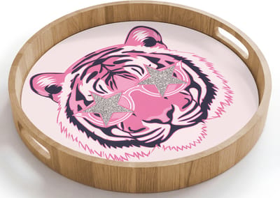 Dienblad rond 40x40 cm - Schootdienblad hout - Tijger - Glitterzonnebril - Roze - Borrelplank rechthoek - Plateau houten dienbladen