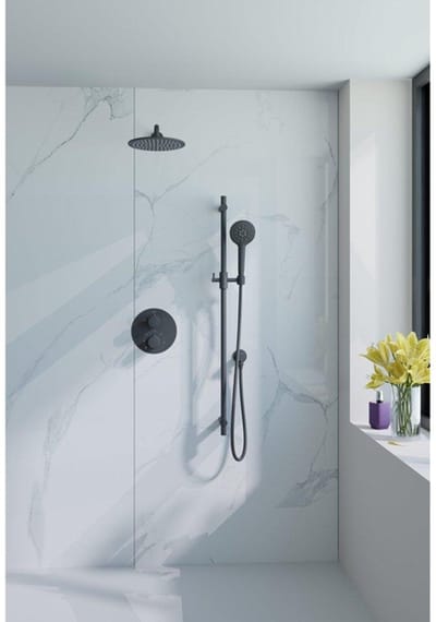 FugaFlow Eccelente Acces Inbouw Regendoucheset - rond - thermostatisch - wandarm - glijstang - 25cm hoofddouche - ronde handdouche - metalen doucheslang - mat zwart