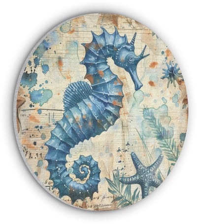 Akoestisch wandpaneel rond 30x30 cm - Vilt schilderij Vintage - Zeedieren - Zeepaardje - Watercolor - Blauw - Ronde akoestische panelen - Geluidsdempende wanddecoratie - Geluidsisolatie wandcirkel - Muurdecoratie geluidspanelen