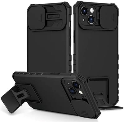 Cityhoesje - iPhone 15 Plus-14 Plus- Slide Camera Lid – BackCover - Anti-drop Kickstand - Zwart