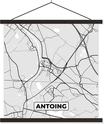 Posterhanger incl. Poster 60x60 cm - Schoolplaat - Stadskaart – Plattegrond – België – Zwart Wit – Antoing – Kaart - Textielposter - Zwarte latten - Stadskaart
