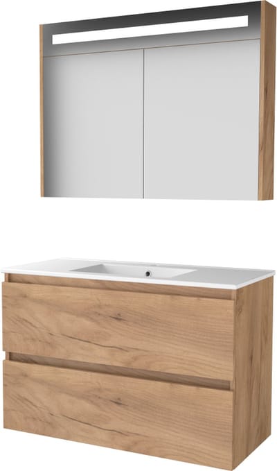 Basic Premium 46 badmeubelset met spiegelkast met geïntegreerde LED verlichting, greeploze wastafelonderkast met 2 lades en porseleinen wastafel met 1