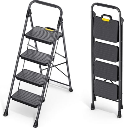 4-traps aluminium vouwladder met veiligheidshek en antislip treden
