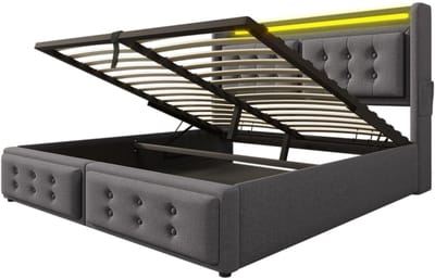Gestoffeerd tweepersoonsbed van 140x200 mm met LED-hoofdbord en USB-C-oplaadfunctie, hydraulisch matras, lattenbodem en metalen frame, draagvermogen 300 kg, grijs, katoen (matras inbegrepen).