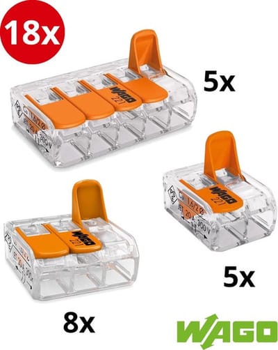 LASKLEMMEN WAGO SERIE 221 - 2,3 EN 5 VDG - 18 STUKS - LASDOP - VOOR HARD EN ZACHTTE KERN.