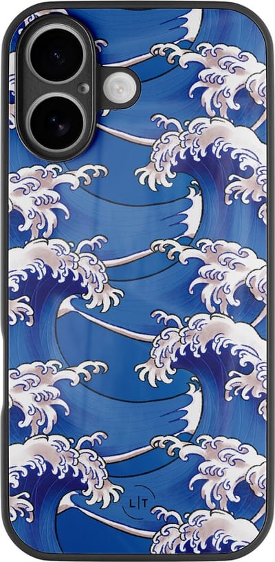 Hoesje geschikt voor iPhone 17 - Japanese waves - Luxe Glazen Hardcase - Hippe print - Blauw - Leuke Telefoonhoesjes