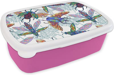 Broodtrommel Roze - Lunchbox - Brooddoos - Insecten - Regenboog - Design - 18x12x6 cm - Kinderen - Meisje