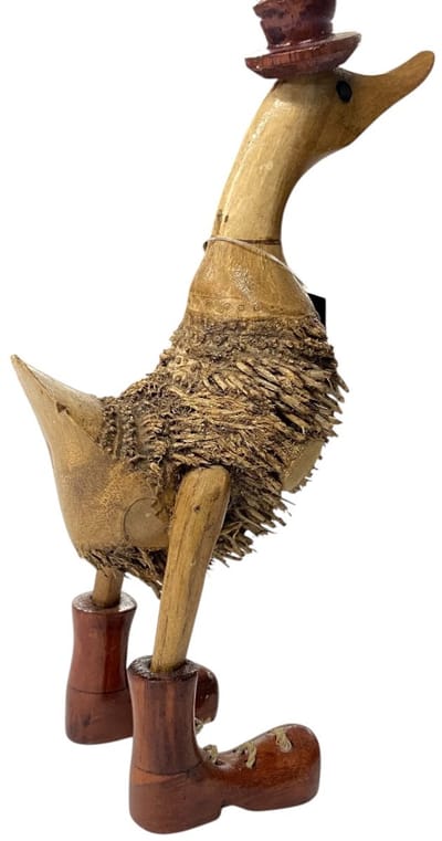 Handgemaakte Jungle Eend Naturel – 27 cm – Houten Decoratiebeeld met Hoed en Laarzen – Uniek