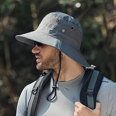 Ademende Bucket Hat voor Mannen UV-bescherming Brede Rand Zonnehoed Met Winddichte Riem Voor Buiten Vissen Wandelen Kamperen Safari gray