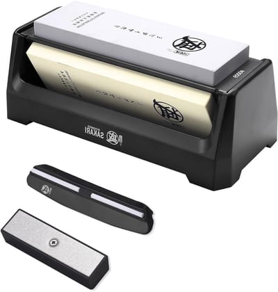 Professionele Japanse slijpstenen voor keukenmessen, 240/1000/6000, 3-zijdige slijper met antislip basis en precisie slijpen