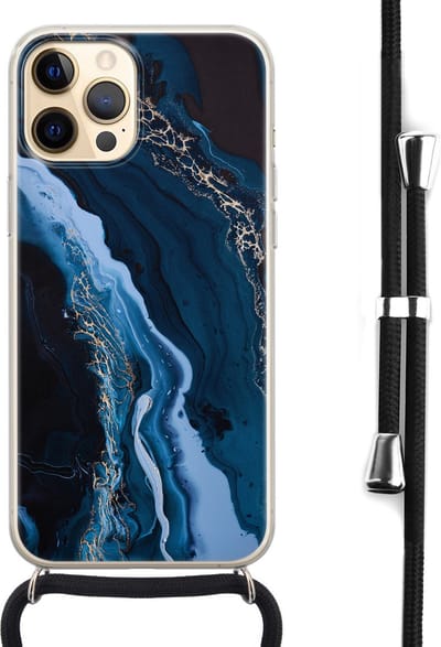 Hoesje met koord - Geschikt voor iPhone 12 - Marmer lagoon blauw - Verstelbaar zwart koord - Transparant, Blauw - Marmer - Leuke Telefoonhoesjes