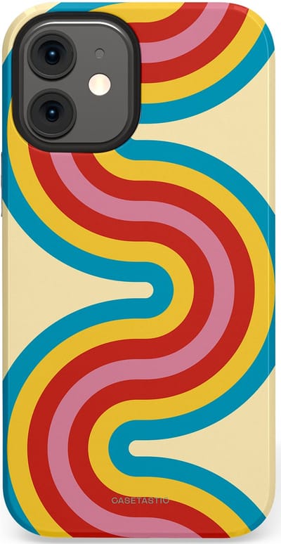 Casetastic hoesje geschikt voor Apple iPhone 12 Mini - Dubbellaagse bescherming - Retro kronkels - Fashion Case - Crème Lichtblauw Goud Rood