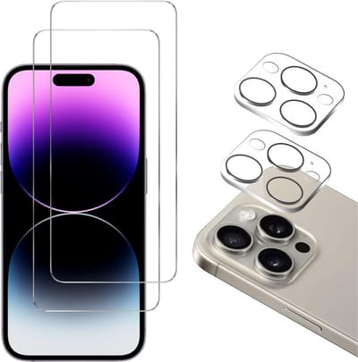 Screenprotector geschikt voor iPhone 15 Pro - 2 stuks Beschermglas van glas Transparante glazen schermbeschermfolie + 2 stuks Camera Protector