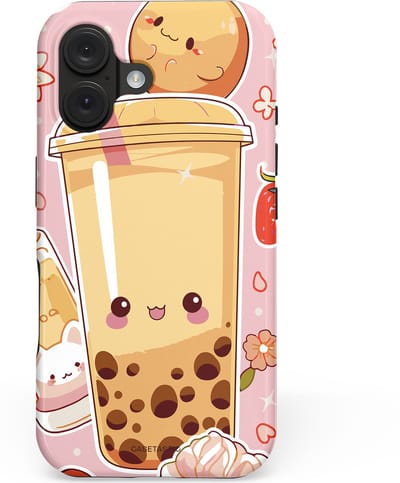 Casetastic hoesje geschikt voor Apple iPhone 16 - MagSafe - Dubbellaagse bescherming - Kawaii Thee Design - Bubble Tea - Fashion Case - Lichtroze Beige Perzik Lichtgrijs