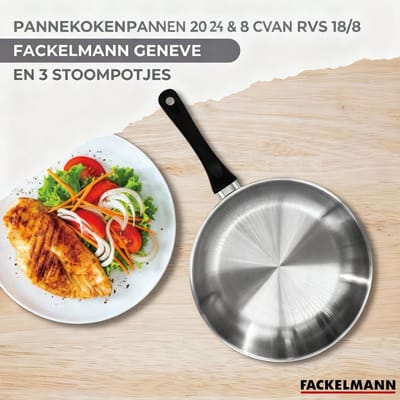Set 3 pannen 20 24 en 28 cm 3 steelpannen 12 16 en 20 cm roestvrij staal en 6 keukengerei Fackelmann Geneva