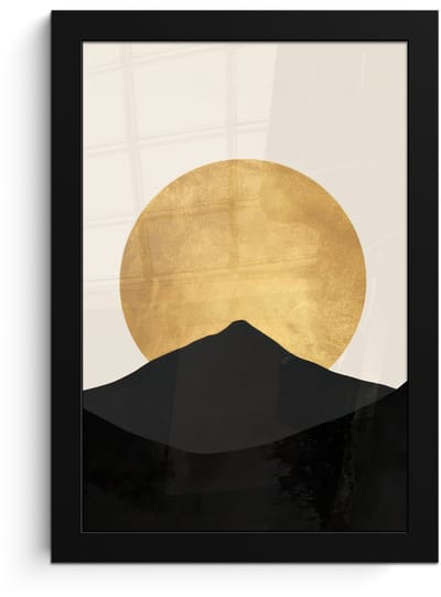 Poster in lijst - Fotolijst 20x30 cm - Posters - Bergsilhouetten - Gouden cirkel - Beige - Posterlijst zwart - Decoratie - Wanddecoratie woonkamer - Muurdecoratie slaapkamer