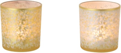 J-Line theelichthouder Bladeren - glas - goud/wit - small - set van 2