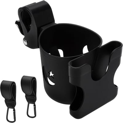 Handige bekerhouder met 2 haken voor kinderwagen | 360 graden draaibare flessenhouder | Accessoires voor stroller, rolstoel, trolleys, fiets