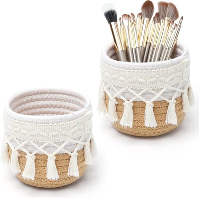 Boho Brush Holders en Gevlochten Opbergmanden voor Make-up en Cosmetica - 15-delige Make-up Kwasten Set voor een Netjes en Stijlvol Toilettafel Organiser in de Badkamer