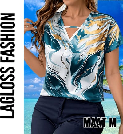 LaGloss® Dames Zomerse Marmerprint Blouse Top Shirt met V-hals – Elegante Casual Top Korte Mouw – Blauw-Wit – Maat M