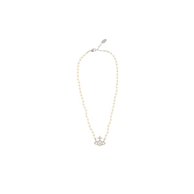 Vivienne Westwood Olympia Parel Kruis Kristal Saturnuspatroon Verguld Goud Parels Ketting Unisex ketting Zilver 6301011P-02P373 Box white