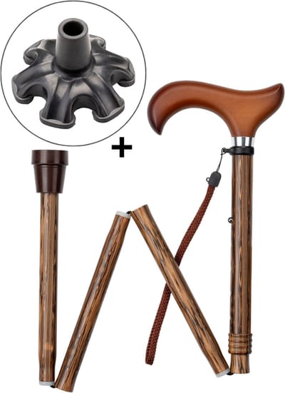 MultiMotion wandelstok opvouwbaar met hout print - Met ergonomisch comfort handvat en polsbandje - Loopstok - Verstelbaar 85 - 95 cm - Lichtgewicht - Incl. 6-poot stokdop