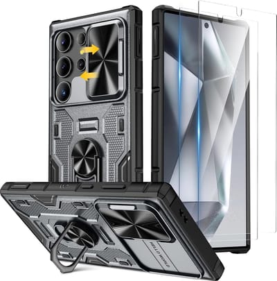 Geschikt voor Samsung Galaxy S24 Ultra - Inclusief 2 Screenprotector - Schuifcamera - Met ingebouwde 360° draaibare ringstandaard Hoesje - Grijs