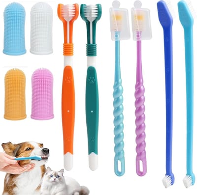 Complete Tandverzorgingsset voor Huisdieren, 2 Driehoofdige Tandenborstels en 4 Vingerborstels voor Honden en Katten, Ideaal voor Middelgrote Dieren en Effectieve Tandreiniging