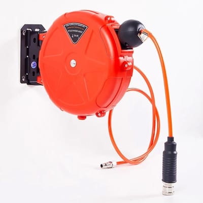 Compressorslanghaspel - Automatische oproller - Werkplek organiseren - 180° draaibare beugel - 10 meter lengte - Grijs