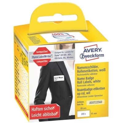 Avery-Zweckform Rol met etiketten Compatibel vervangt DYMO 11356, S0722560 41 x 89 mm Folie Wit 200 stuk(s) Weer verwijderbaar Naametiketten AS0722560