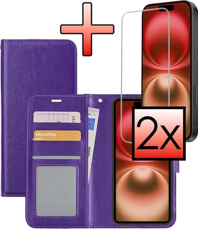 Hoesje - Met 2x Screenprotector - Geschikt voor Apple iPhone 16 - Luxe Pasjeshouder - Bookcase Portemonee - Flip Case - Kunstleer Book Case - Flipcase Hoes - Book Cover - Walletcase - Portemonneehoes - Paars
