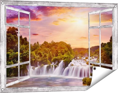 Gards Tuinposter Doorkijk Watervallen in het Bos - 90x60 cm - Tuindoek - Tuindecoratie - Wanddecoratie buiten - Tuinschilderij