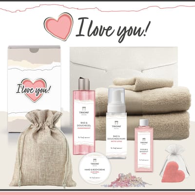 Geschenkset “I Love You!” - 9 producten - 1940 gram - Triomf Cosmetica | Giftset voor haar Cadeau Valentijnsdag Luxe wellness cadeaubox Vrouw Ik hou van jou Cadeaupakket Kerst Geschenk Pakket Verjaardag Gift Set Valentijn Vriendin Roze Crème