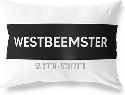 Tuinkussen WESTBEEMSTER - NOORD-HOLLAND met coördinaten - Buitenkussen - Bootkussen - Weerbestendig - Jouw Plaats - Studio216 - Modern - Zwart-Wit - 50x30cm
