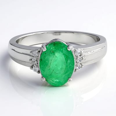 Cavill - Zilveren ring 925 Sterling geplatineerd - Bahia smaragd 1 56 ct ovaal - 6 fonkelende zirkonia 0 103 ct - Elegante Braziliaanse ring maat 17