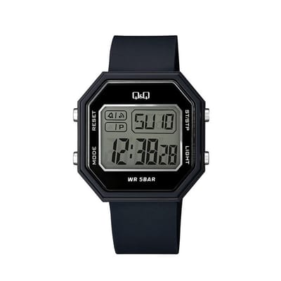 Q&Q M206J005Y - Horloge - Polshorloge - Digitaal - Unisex - Rubber band - Achthoek - Kunststof - Datumaanduiding - 100 jaar kalender - Stopwatch - Alarm - Tweede tijdzone - Backlight - DonkerBlauw - Zwart - Transparant