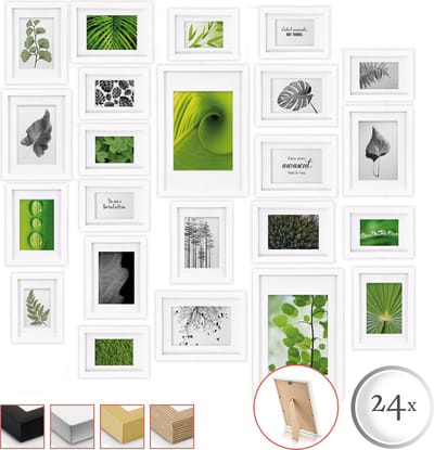 bomoe Nature Set van 24 Fotolijsten Houten Picture Frames - 10x 10,5x15cm / 8x 13x18cm / 4x 15x20cm / 2x 20x30cm - kunststof glas Fotolijst van Hout - Metalen Ophanging - Standaard & Passepartout - Wit