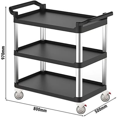 GGM Gastro Servierwagen aus Kunststoff - 800x500mm - mit 3 Ablageflächen & leisen Rollen Zwart