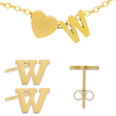 Initiaal Armband & Oorbellen set met Letter W Goudkleurig - Stainless Steel - Met letter & Hartje! - 2x Sieraden Cadeau - Pax Amare