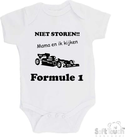 100% katoenen Romper "Niet storen!! Mama en ik kijken Formule 1" Unisex Katoen Wit/zwart Maat 56/62