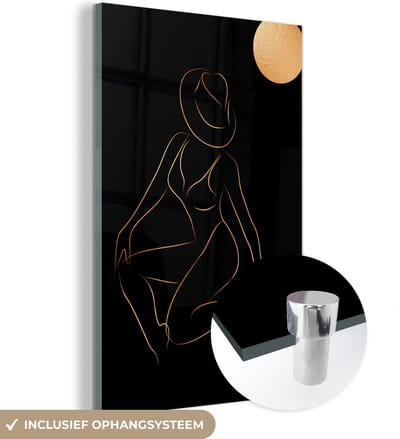 MuchoWow® Glasschilderij 40x60 cm - Schilderij acrylglas - Vrouw - Zon - Goud - Line art - Foto op glas - Schilderijen