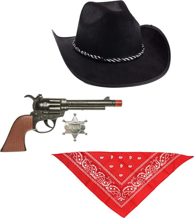 Funny Fashion - Carnaval verkleed set cowboyhoed zwart - rode zakdoek en pistool